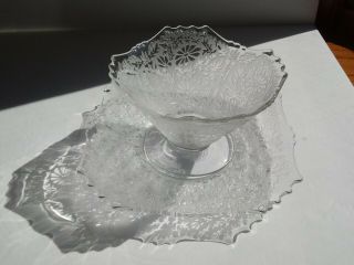 Gorgeous Vintage Mayonnaise Dish 3 1/2 X 5 " & Plate 8 " Set = Clear Etched Glass