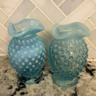 Vintage Fenton Blue Opalescent Hobnail Glass Vases 4” Ruffled Edges