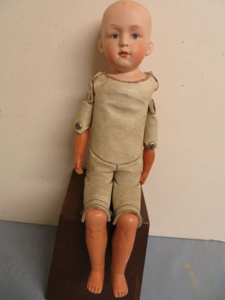 Antique Germany Boy Doll Bisque Head Leather Body Celluloid Arms & Legs