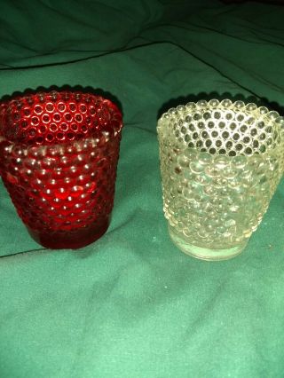 Vtg Set Of 2 Hobnail Glass Votive Tealight Vigil Candle Holder Cranberry & Clear