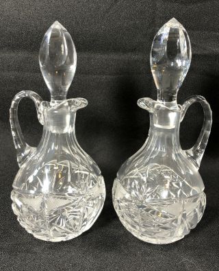 Vintage Crystal Clear Heavy Cut Glass Cruet Pair With Stopper Oil Or Vinegar 7”