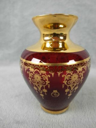 Vecchia Murano Glass Ruby Red Vase 24k Gold Trim