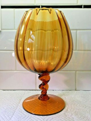 Vintage Amber Empoli Brandy Snifter Swirl Stem Optic Art Glass