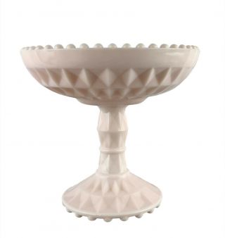 Vintage Pale Pink Milk Glass Pedestal Compote / Candy Dish Hobnail Rim Jeanette