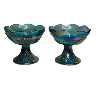 Vintage Indiana Carnival Glass Iridescent Blue Harvest Grape 2 Candle Holders