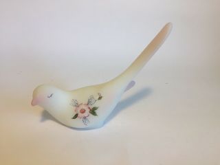 Hand Painted & Signed White Satin Glass Fenton Dove Bird With Flowers