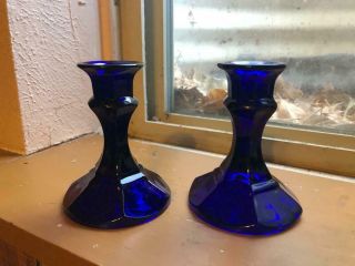 Vintage Cobalt Blue Glass Candle Holders Set Of 2