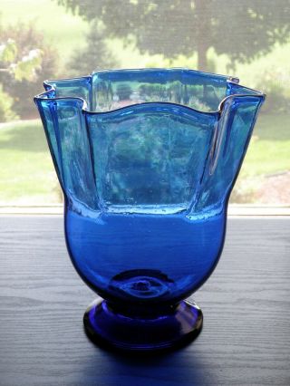 Handblown Large 8 1/2 " Handkerchief Cobalt Blue Seeded Glass Flower Vase Pontil