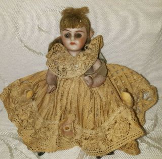 Antique Cabinet Size Bisque Head Dollhouse Doll Glass Eyes All Orig.  $88.  88