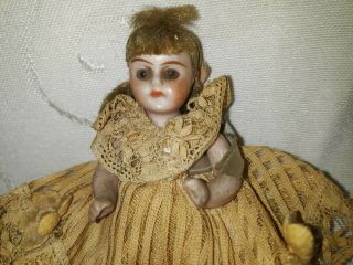 ANTIQUE CABINET SIZE BISQUE HEAD DOLLHOUSE DOLL GLASS EYES ALL ORIG.  $88.  88 2