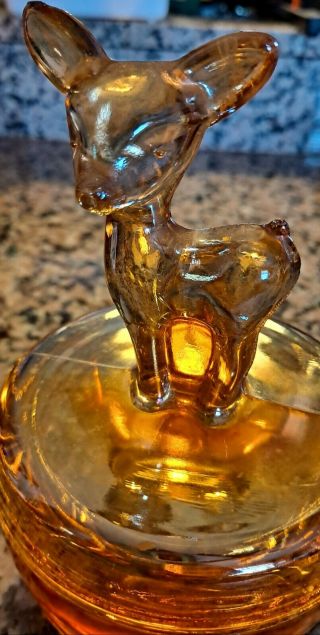 Vintage Carnival Glass Deer Box Fawn Trinket Powder Box Jeanette Glass Marigold