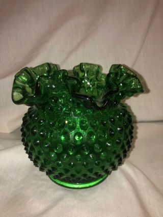 Vintage Christmas Fenton Glass Springtime Green Hobnail 5.  5” Squat Vase Rosebowl