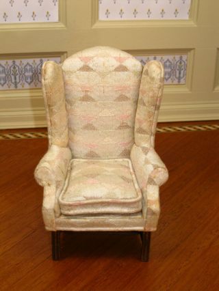 Nellie Belt Upholstered Ivory Wing Chair Arm Chair - Artisan Dollhouse Miniature