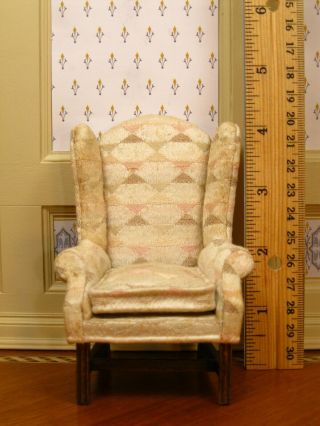 Nellie Belt Upholstered Ivory Wing Chair Arm Chair - Artisan Dollhouse Miniature 2