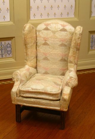 Nellie Belt Upholstered Ivory Wing Chair Arm Chair - Artisan Dollhouse Miniature 3
