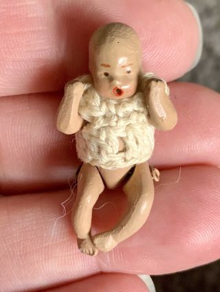 Tiny Rare Bisque Hertwig Carl Horn Miniature Jtd Baby Crocheted Clothes 1.  25”