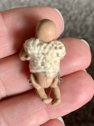Tiny Rare BISQUE HERTWIG CARL HORN MINIATURE Jtd Baby Crocheted CloThes 1.  25” 3
