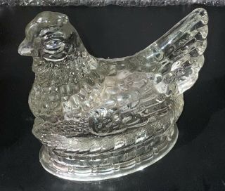Vintage 5 " Clear Glass Chicken/hen On Nest Candy Container,  No Cardboard Insert