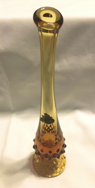Vtg Fenton Art Glass Colonial Amber Hobnail Swung Bud Vase 10 1/2” Tag