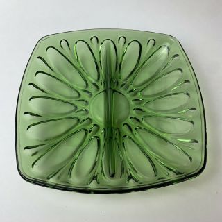 Vintage Mid Century Green Glass Square Divided Relish Candy Nut Condiment Dish