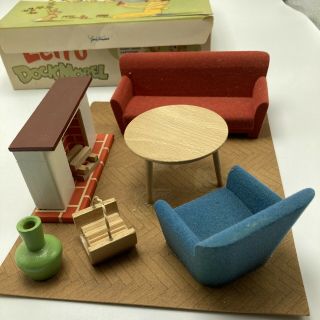 Vintage 1950s Lerro Toys Dollhouse Furniture Sweden Living Room Set Sofa Chair 3