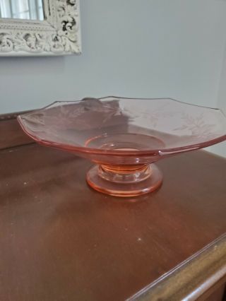 Vintage Pink Depression Glass Hexagonal Footed Bowl With Etched Flowers And.