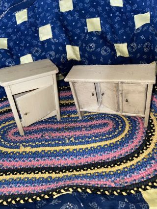 Antique German Cream Colored Wooden Dollhouse Cupboard And Hutch