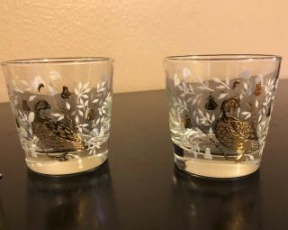 2 Vintage Libbey Partridge Pear Tree Rocks Low Ball Glasses Barware Gold & White