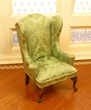Nellie Belt Upholstered Green Wing Chair Arm Chair - Artisan Dollhouse Miniature
