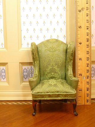 Nellie Belt Upholstered Green Wing Chair Arm Chair - Artisan Dollhouse Miniature 2