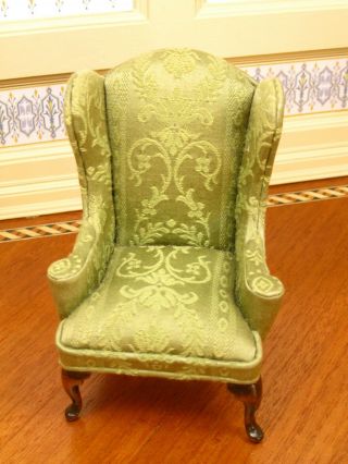 Nellie Belt Upholstered Green Wing Chair Arm Chair - Artisan Dollhouse Miniature 3