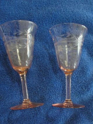 Vintage Set Of 2 Pink Depression Glass Etched Floral Stemmed 7 " Glasses