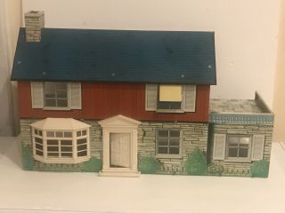Vintage 1950s Marx Metal Tin Litho Dollhouse Plastic Furniture And Family Figs