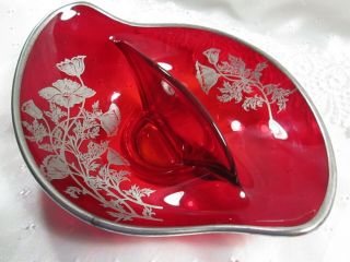 Vintage Ruby Red Glass Divided Candy/relish Bowl/dish Silver Floral Over - Lay