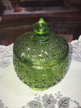 L.  E Smith Glass Daisies & Buttons Candy Dish W/lid Green