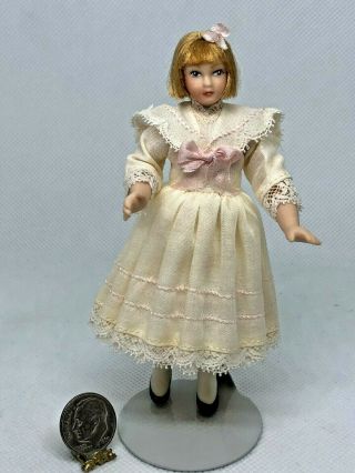Dollhouse Miniature Vintage Vict.  Porcelain Girl Doll Cream Lace Dress 1:12