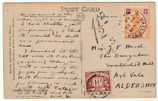 1923 Malta Underpaid Ppc To Aldershot Uk Penny Halfpenny Postage Due Gb Stamp