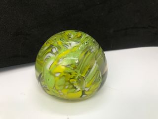 Art Glass Paperweight Controlled Bubble Yellow Green Ribbon Thread