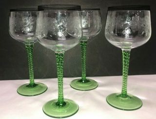 4 Vintage Bohemia Glass Green Twist Stem Wine Glasses 6 3/4 " Czhecoslovakia