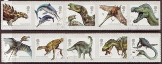 Great Britain 2013 Dinosaurs Set Of 10 In 2 Self Adhesive Strips Fine.