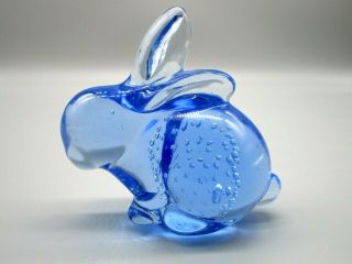 Hand Made Crystal Blue Glass Bunny Rabbit Figurine 3.  5” Controlled Bubble Vtg