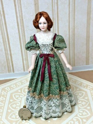 Dollhouse Miniature Vintage Artisan Victorian Lady Doll In Green Dress 1:12