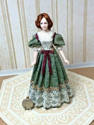 Dollhouse Miniature Vintage Artisan Victorian Lady Doll in Green Dress 1:12 2