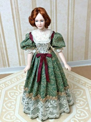 Dollhouse Miniature Vintage Artisan Victorian Lady Doll in Green Dress 1:12 3