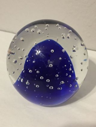 Vintage Art Glass Heavy Paperweight 3 " Tall Cobalt Blue W/ Bubbles