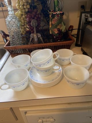 Corelle Pyrex Vintage Morning Blue Set Of 8 Cups And Saucers Tea Coffee
