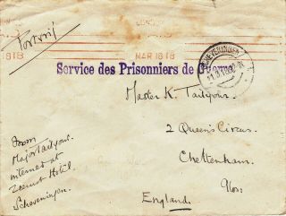 Ww1 Prisoner Of War Cover,  From Major Tailyour In Scheveningen To England (1918)