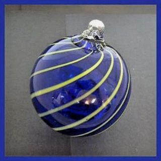 Hanging Glass Ball 4 " Diameter Cobalt Blue With Lime Lines (1) Hb14