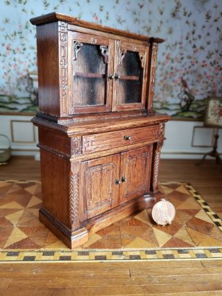 Dollhouse Reminiscence Walnut Wood Carved Dining Room China Cabinet 1:12