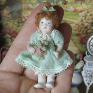 Vtg Dollhouse Artisan Porcelain Girl Doll Baby Child Dress Artist Handmade 1:12